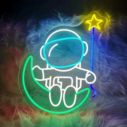 Astronaut Sitting on Moon LED Neon Sign Cute Space Wall Decor Light