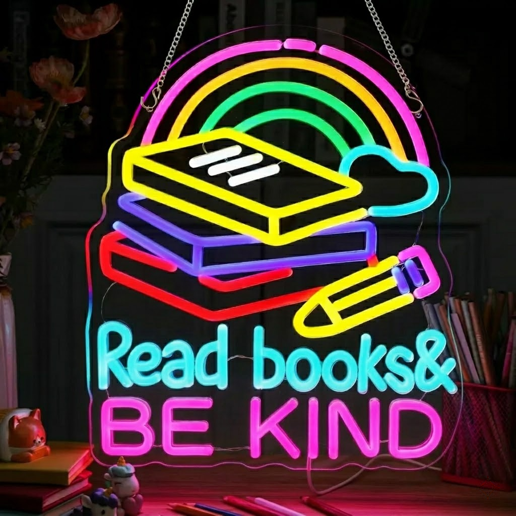 Read Books Be Kind LED Neon Sign Rainbow Book Neon Light for Classroom Library Study Room Wall Decor