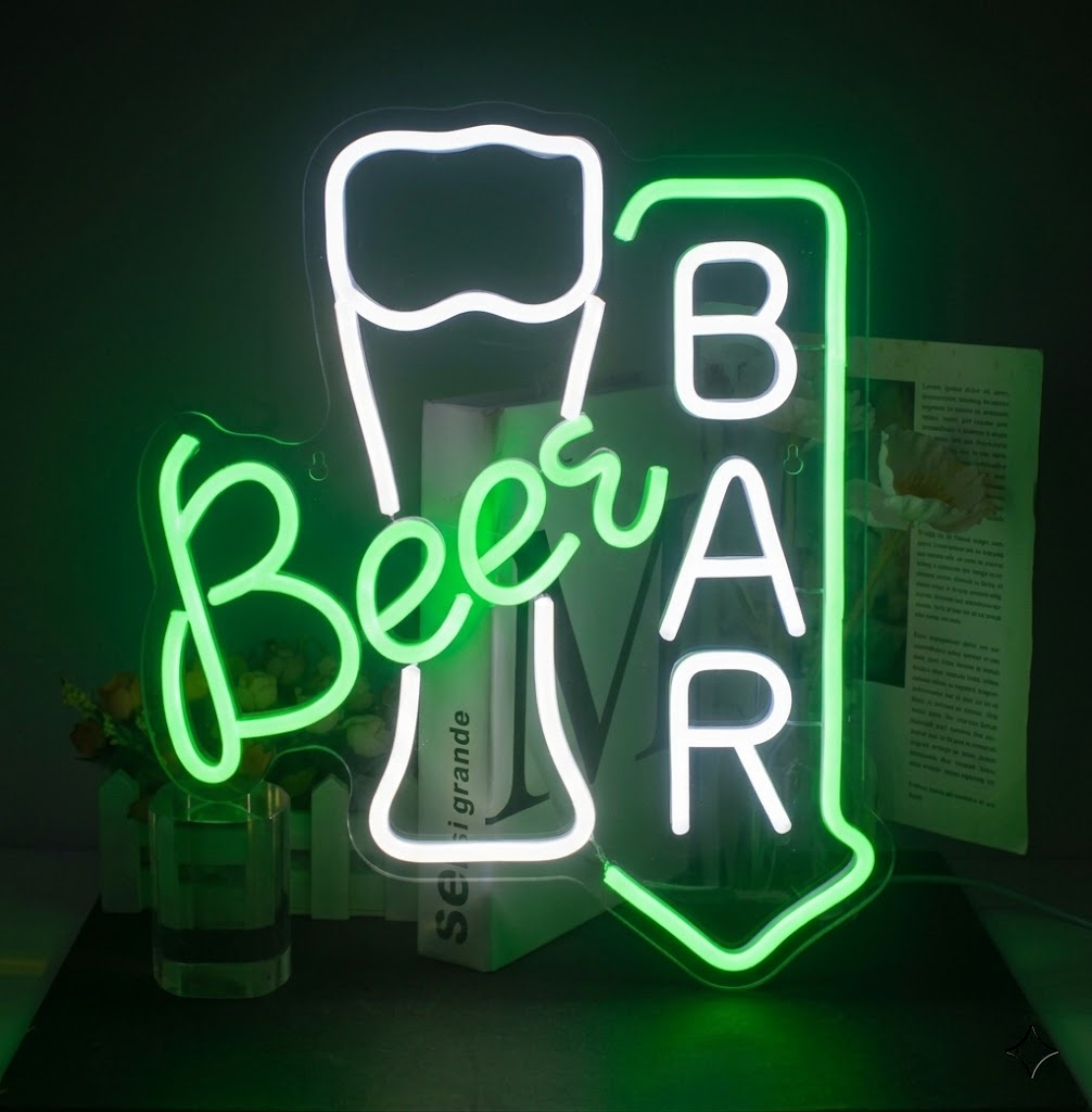 Beer Bar LED Neon Sign with Beer Glass and Arrow Decorative Wall Art for Pub Club Home Decor