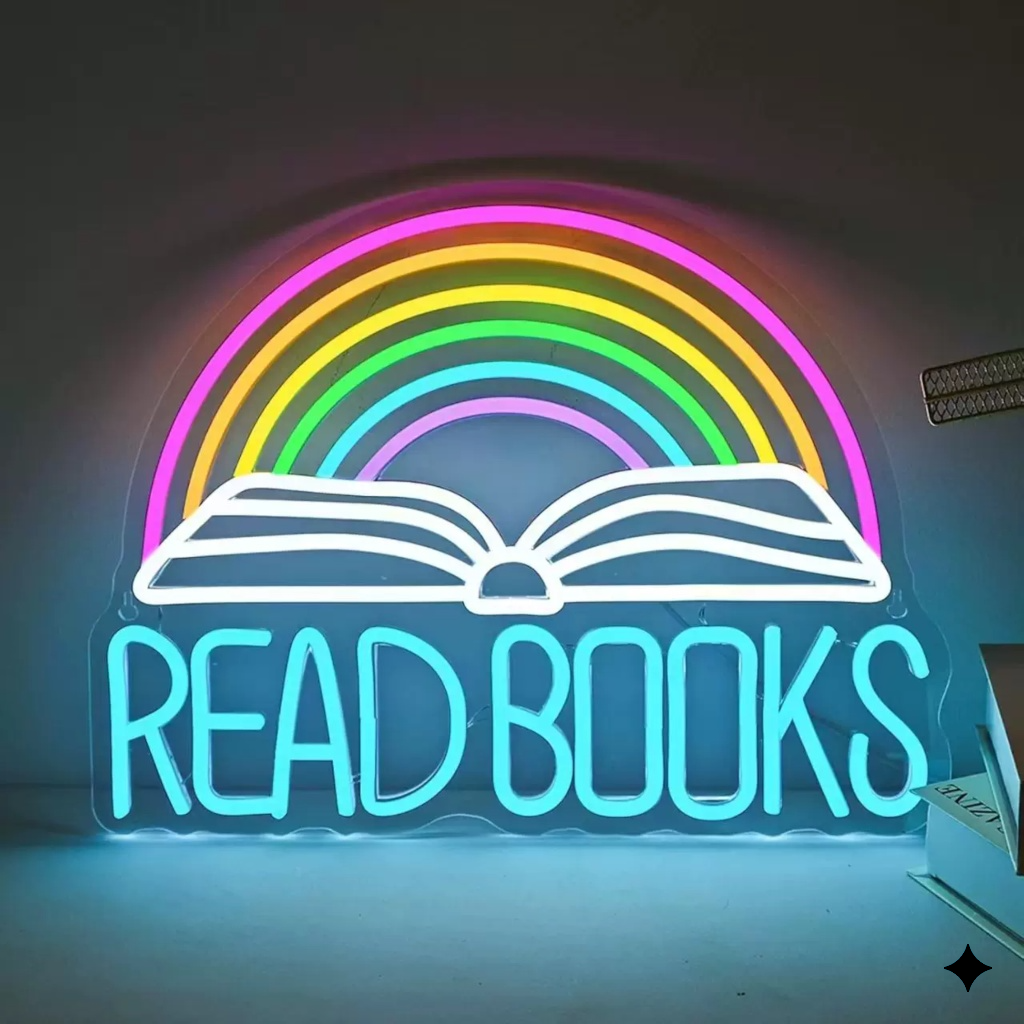 Read Books Rainbow LED Neon Sign Open Book Neon Light for Library Classroom Study Room Wall Decor