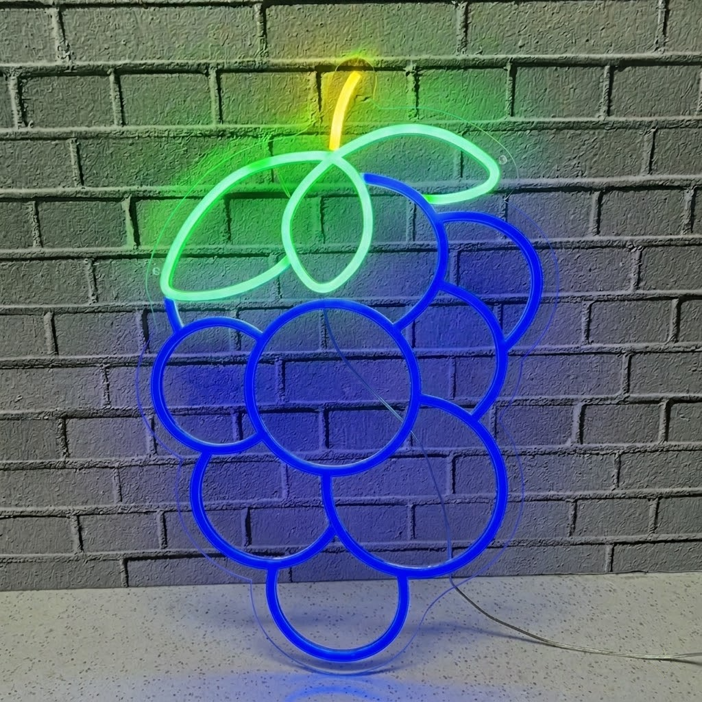 Grapes LED Neon Sign Purple Fruit Neon Light with Green Leaves for Bar Kitchen Wall Decor