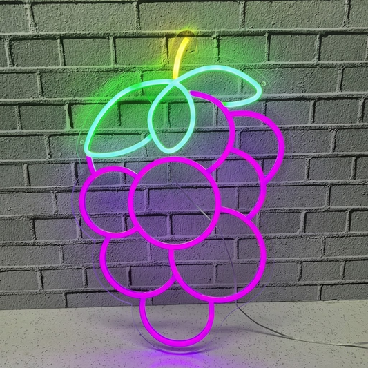 Grapes LED Neon Sign Purple Fruit Neon Light with Green Leaves for Bar Kitchen Wall Decor