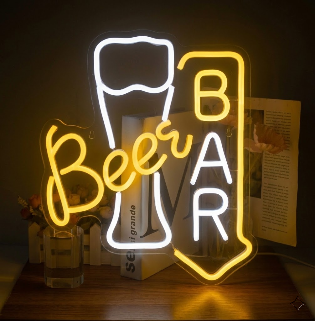 Beer Bar LED Neon Sign with Beer Glass and Arrow Decorative Wall Art for Pub Club Home Decor