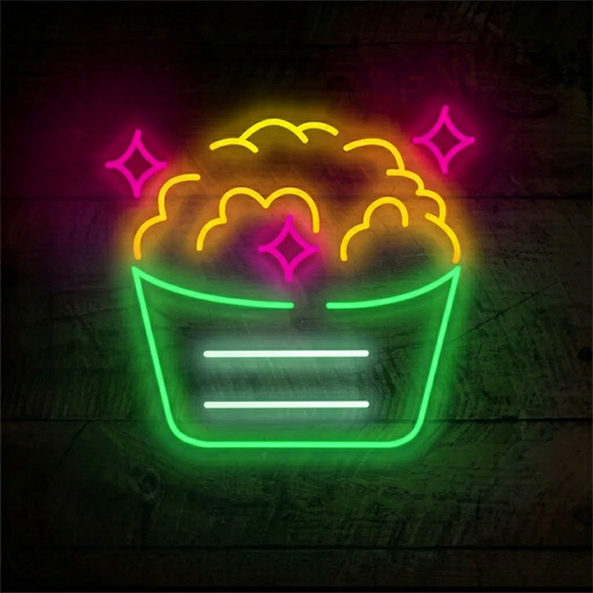 Popcorn Bucket LED Neon Sign for Home Theater and Snack Bar Decor