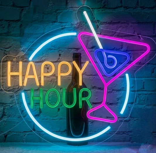 Happy Hour LED Neon Sign with Cocktail Glass and Girl Silhouette Creative Wall Decor for Home Bar Pub Party
