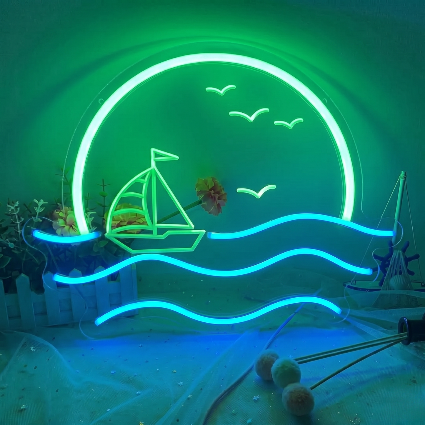 Sailboat Sunset LED Neon Sign Yellow Blue Ocean Neon Light Wall Decor for Bedroom Bar Cafe