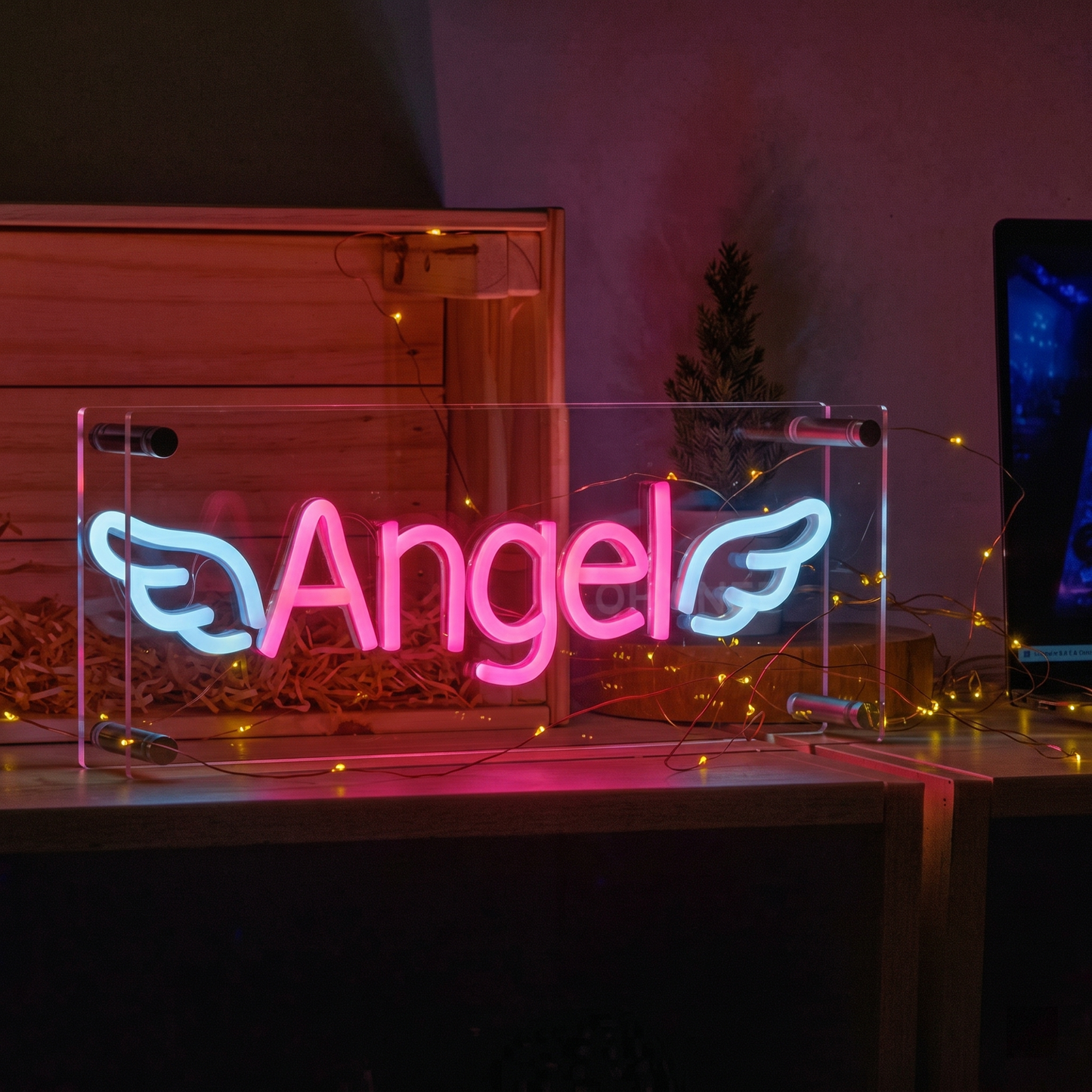 Angel LED Neon Sign Pink White Wings Neon Light Wall Decor for Bedroom Wedding