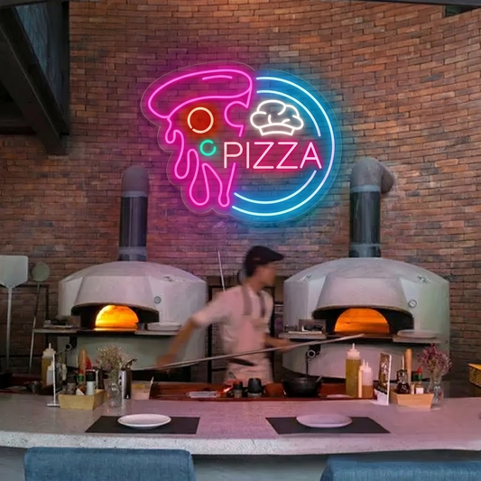 Pizza LED Neon Sign Blue Yellow Slice Neon Light Wall Decor for Restaurant Pizzeria Cafe