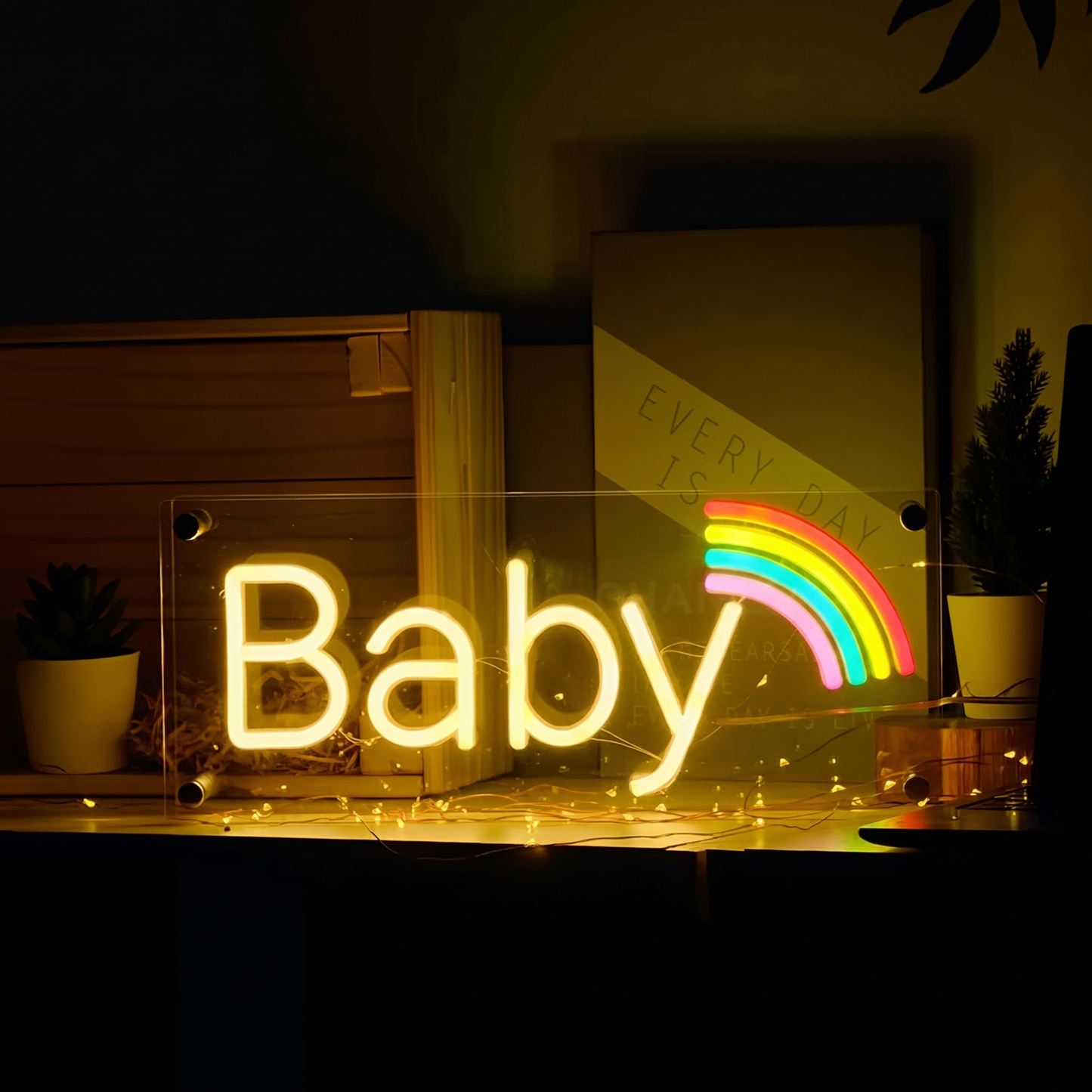 Baby LED Neon Sign Warm White Rainbow Neon Light Wall Decor for Nursery Bedroom Kids Room Baby Shower