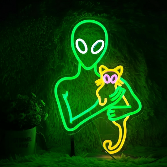 Alien Holding Cat LED Neon Sign Green Pink Cute Space Neon Light Wall Decor for Bedroom Game Room
