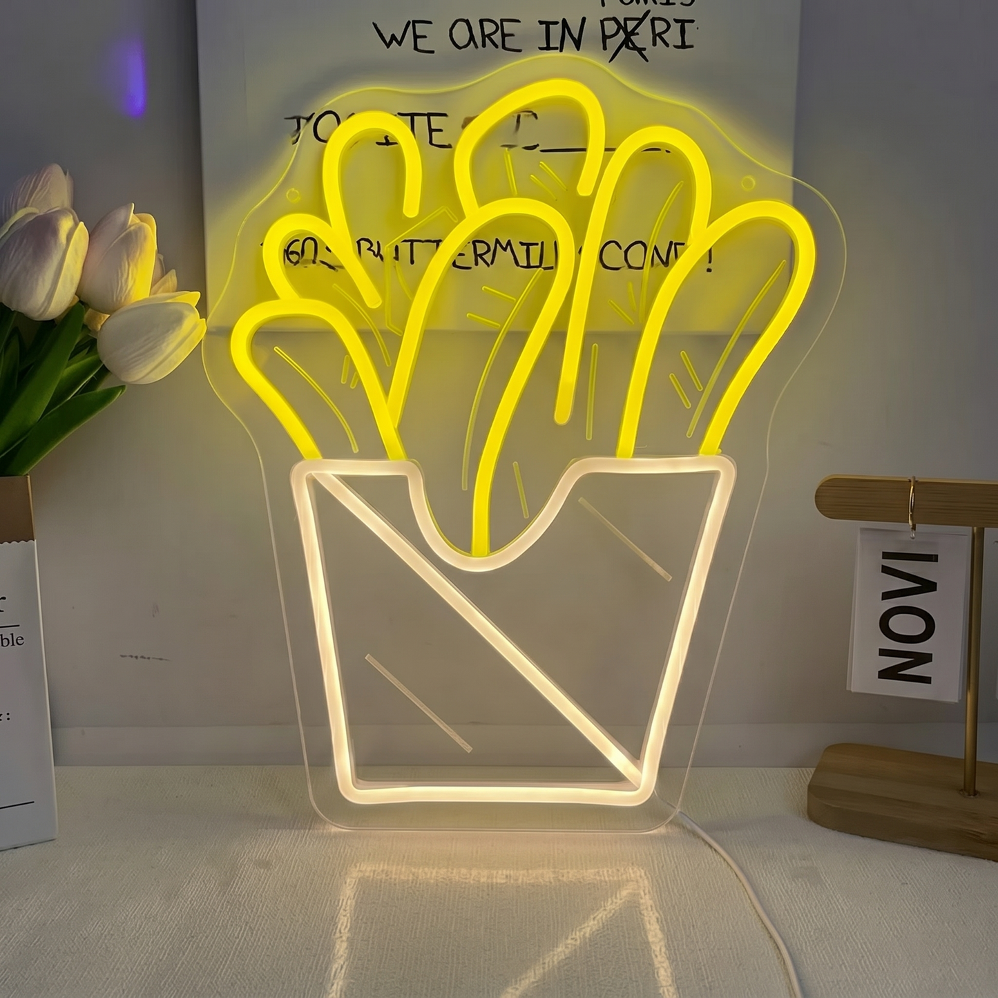 French Fries LED Neon Sign Yellow Red Fast Food Neon Light Wall Decor for Restaurant Cafe Kitchen