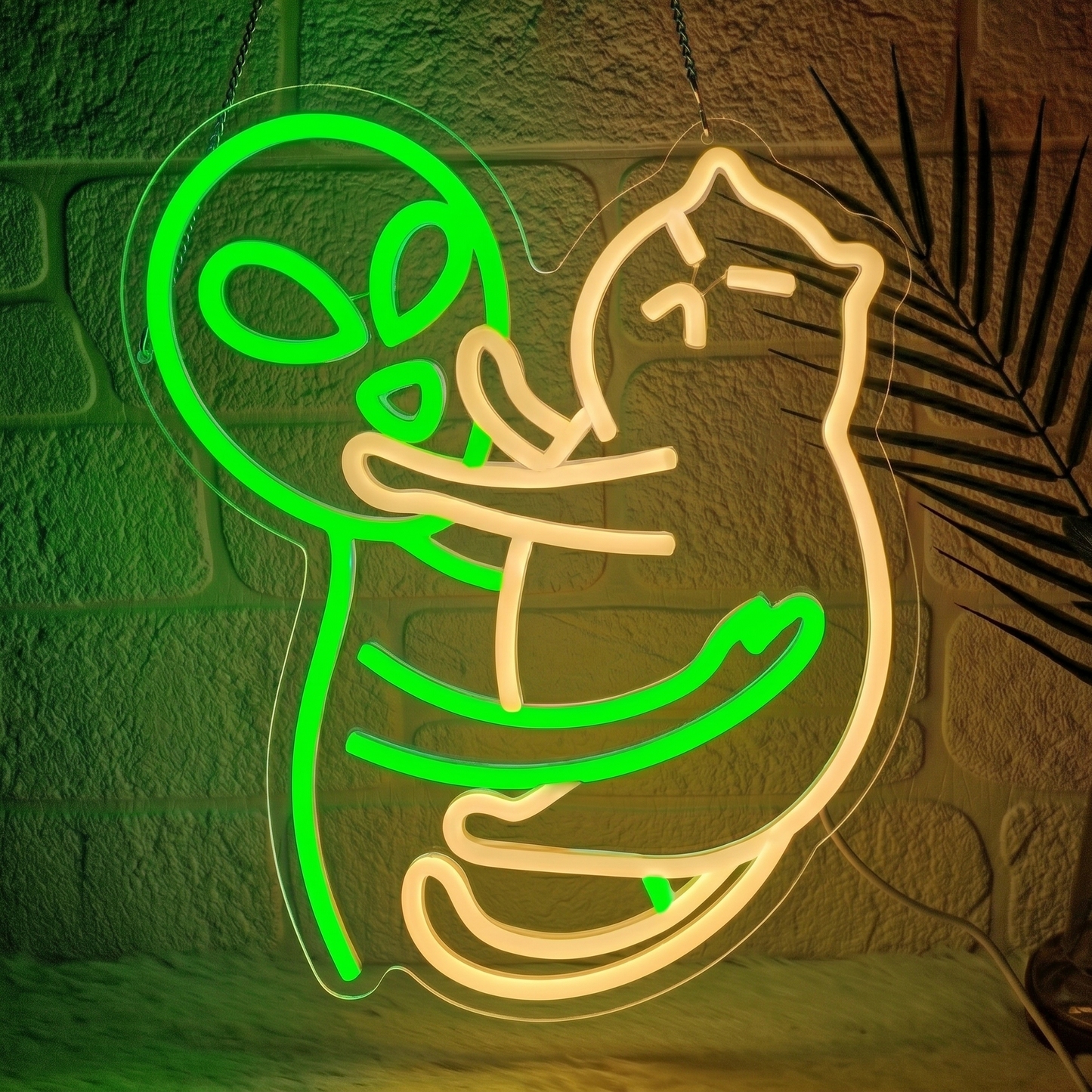 Alien Hug Cat LED Neon Sign Green Pink Funny Space Neon Light Wall Decor for Bedroom Game Room