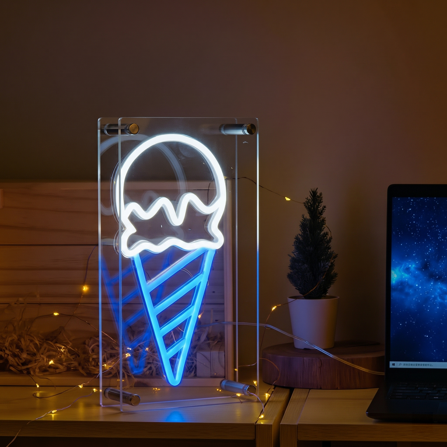 Ice Cream LED Neon Sign Yellow White Neon Light Wall Decor for Kids Room Cafe Dessert Shop