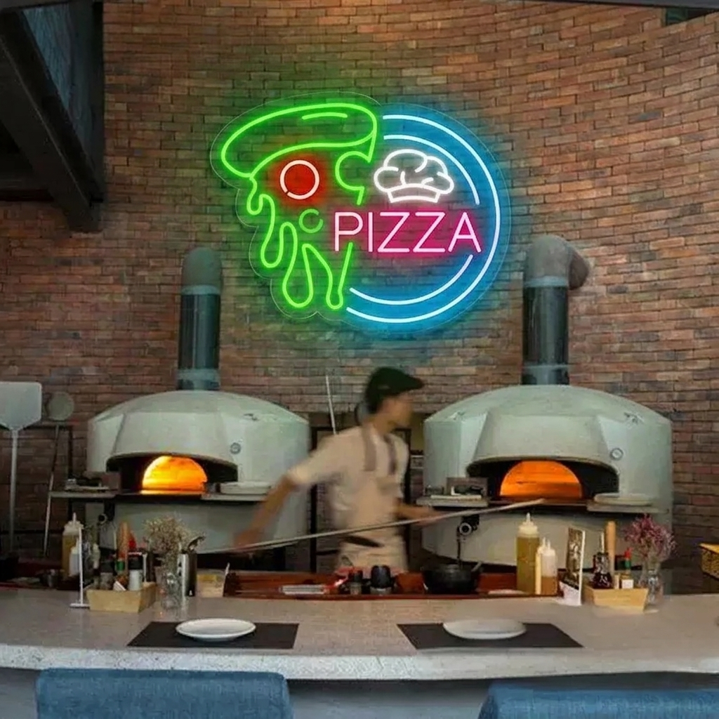 Pizza LED Neon Sign Blue Yellow Slice Neon Light Wall Decor for Restaurant Pizzeria Cafe