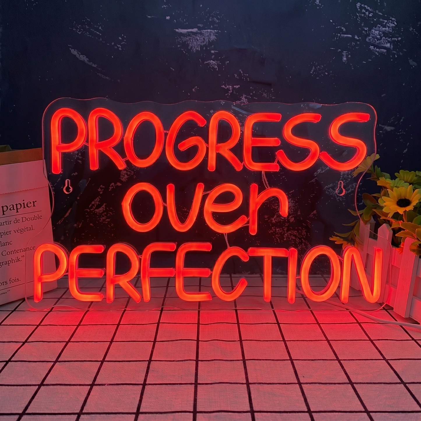 Progress Over Perfection LED Neon Sign White Motivational Neon Light Wall Decor for Bedroom Office