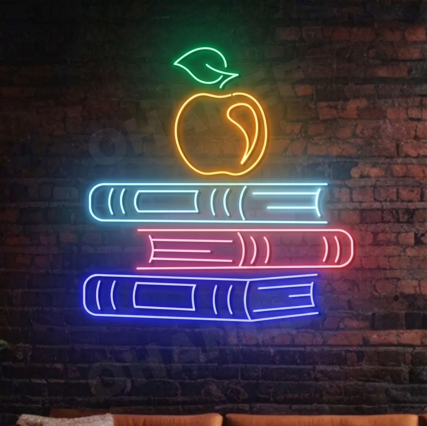 Apple & Pencil LED Neon Sign Green and Yellow Wall Decor for Office or Study Room