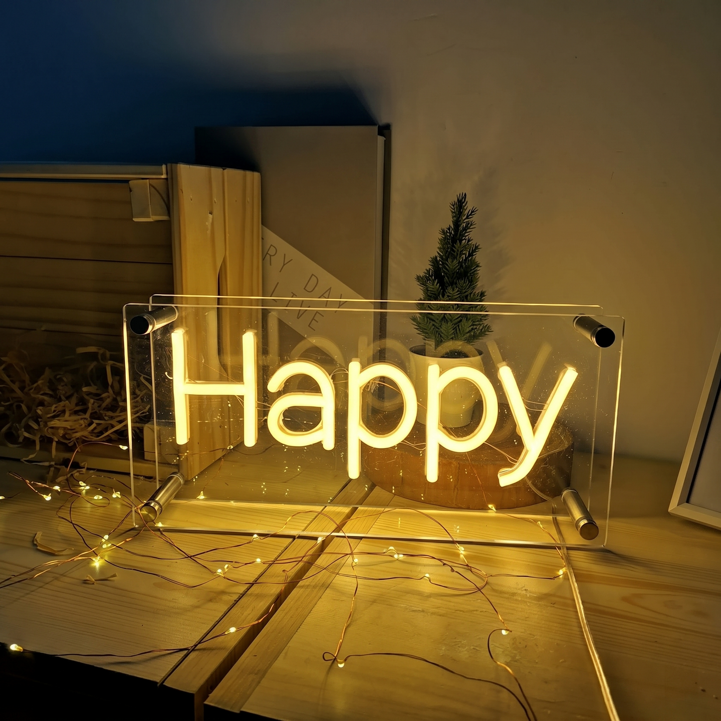 Happy LED Neon Sign Warm White Word Neon Light Wall Decor for Bedroom Living Room Party