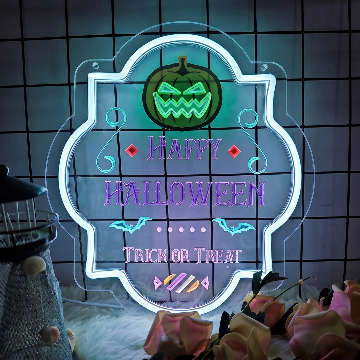 Happy Halloween LED Neon Sign Pumpkin Trick or Treat Neon Light Wall Decor for Party Room Bar Halloween Decoration