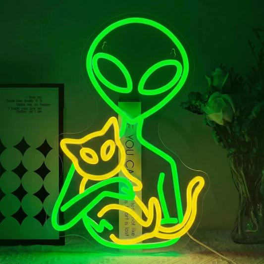 Alien Cat LED Neon Sign Green Pink Space Neon Light Wall Decor for Bedroom Game Room