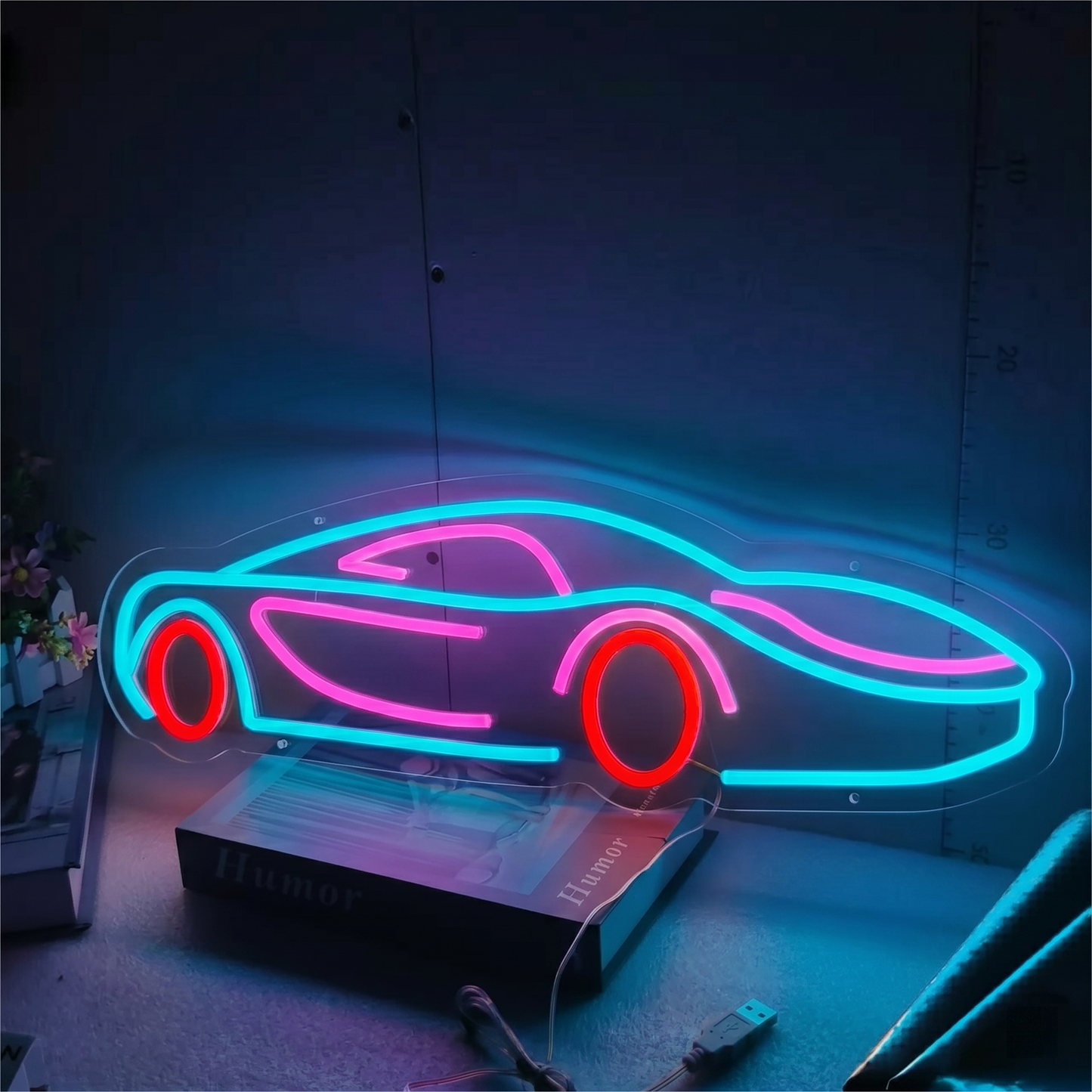 Sports Car LED Neon Sign Blue Yellow Race Car Neon Light Wall Decor for Bedroom Garage Game Room