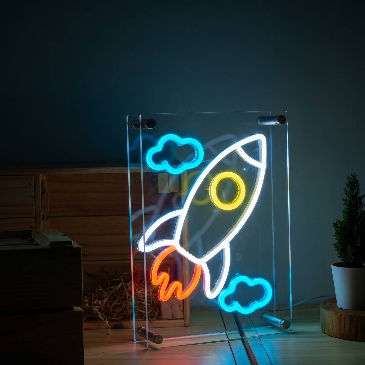 Rocket LED Neon Sign White Blue Space Neon Light Wall Decor for Kids Room Bedroom Game Room