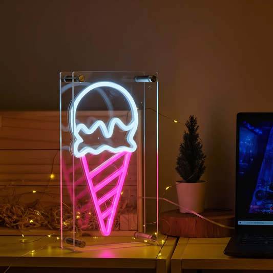Ice Cream LED Neon Sign Yellow White Neon Light Wall Decor for Kids Room Cafe Dessert Shop