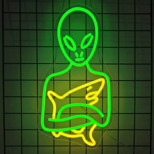 Alien Hug Shark LED Neon Sign Green Blue Space Neon Light Wall Decor for Bedroom Game Room