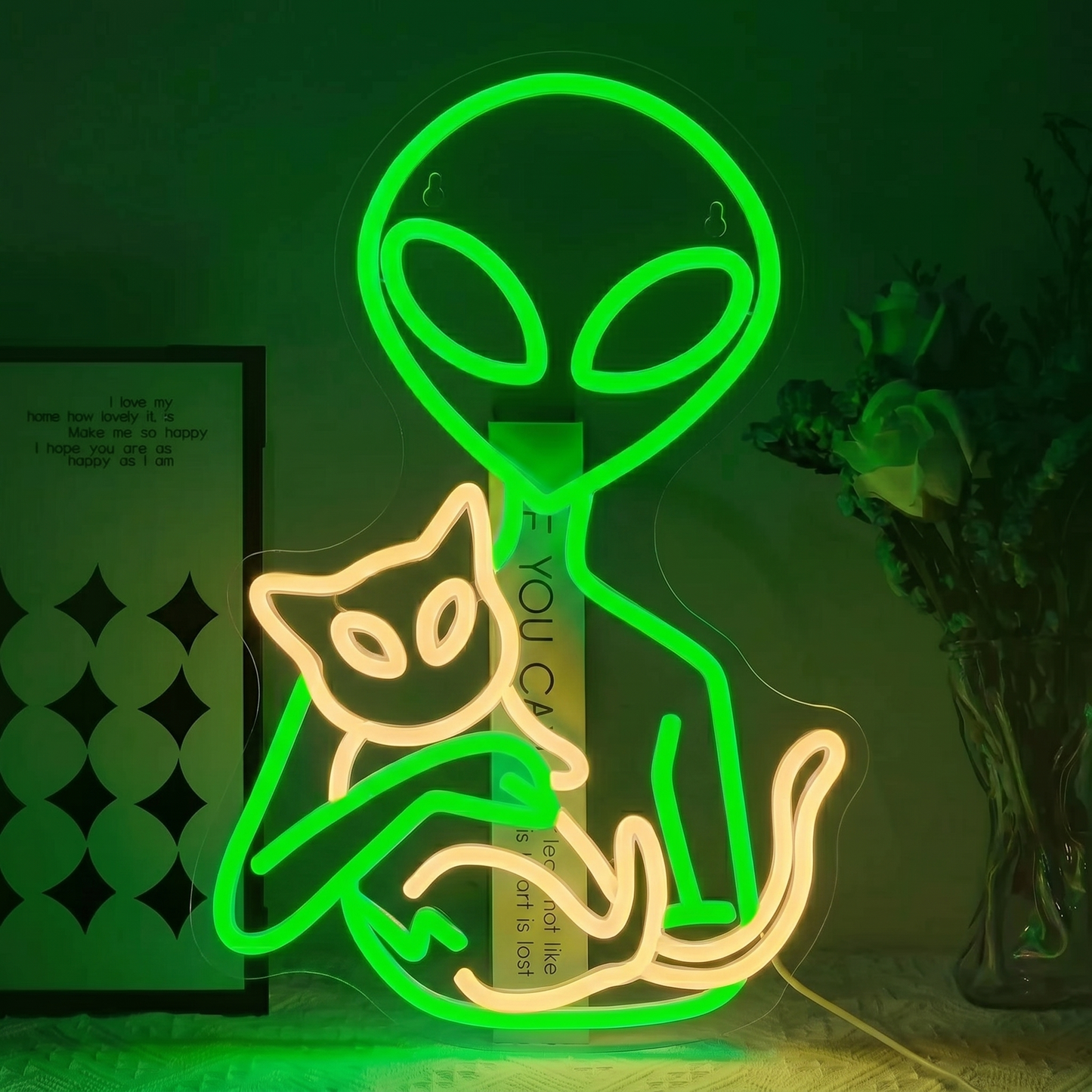 Alien Cat LED Neon Sign Green Pink Space Neon Light Wall Decor for Bedroom Game Room