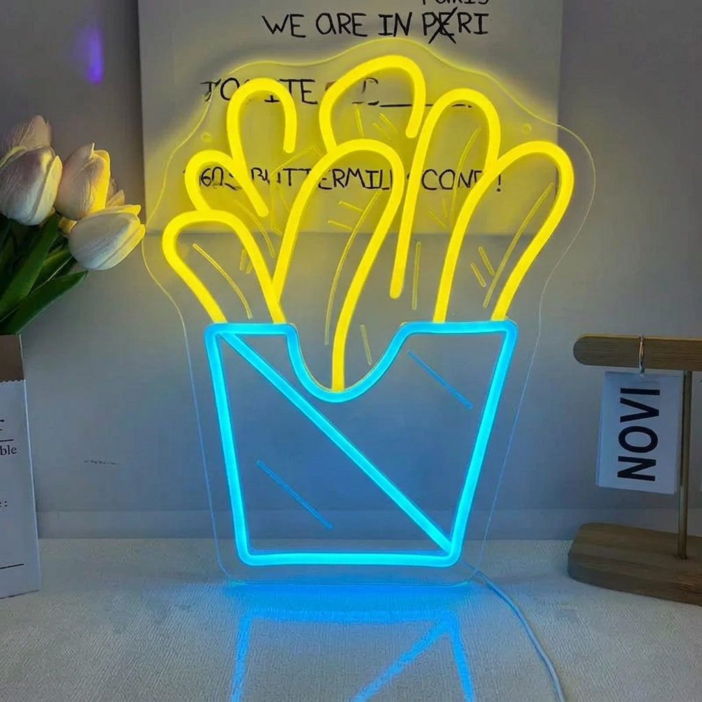 French Fries LED Neon Sign Yellow Red Fast Food Neon Light Wall Decor for Restaurant Cafe Kitchen