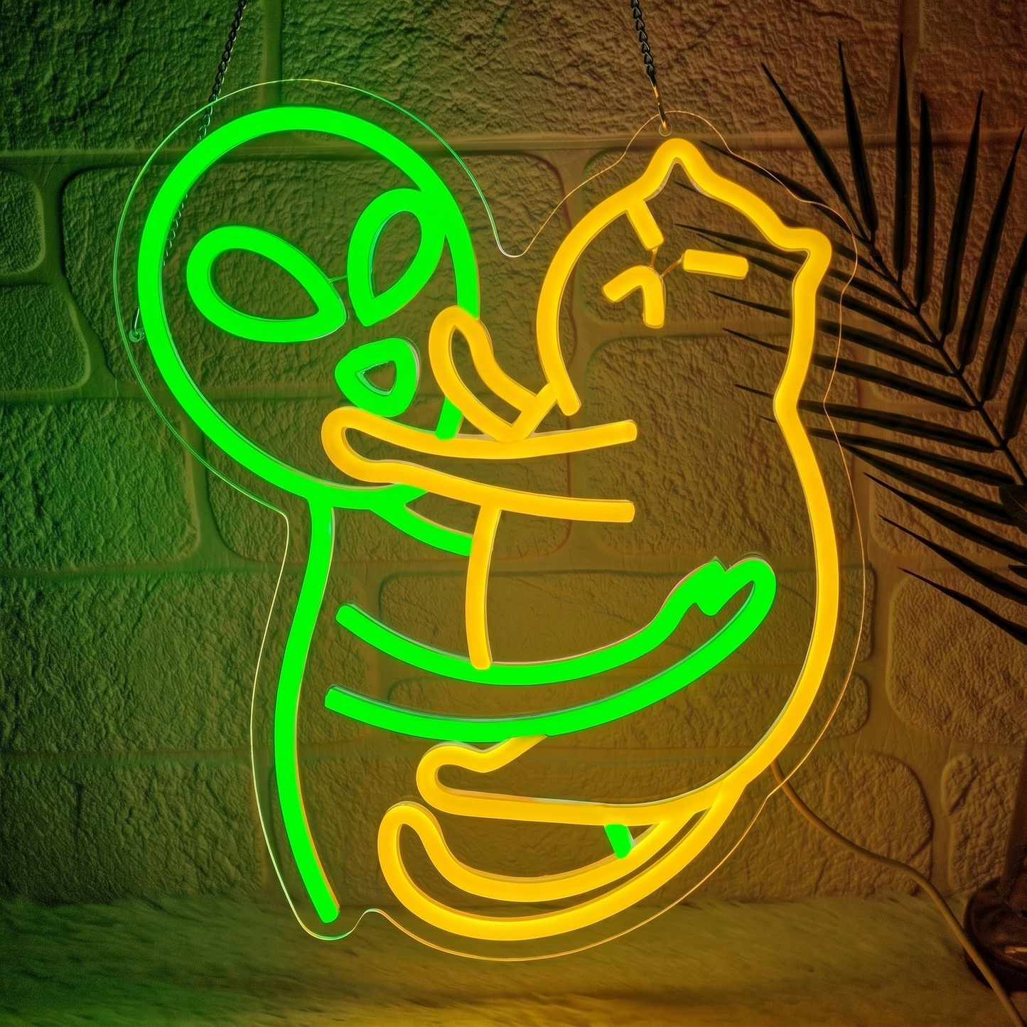 Alien Hug Cat LED Neon Sign Green Pink Funny Space Neon Light Wall Decor for Bedroom Game Room