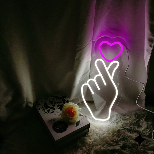 Finger Heart LED Neon Sign White Pink Love Neon Light Wall Decor for Bedroom Wedding Party