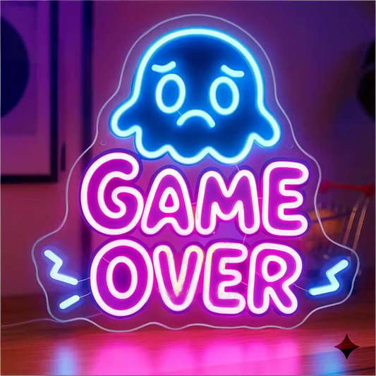 Game Over LED Neon Sign Pink Blue Ghost Neon Light Wall Decor for Game Room Bedroom