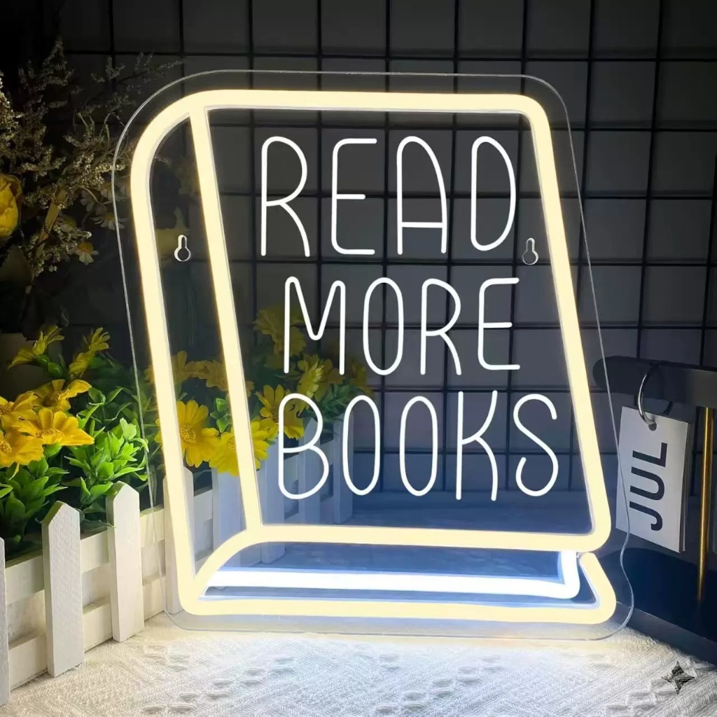 Read More Books LED Neon Sign Open Book Warm White Neon Light for Library Study Room Wall Decor
