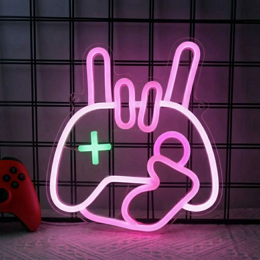 Game Controller Peace Hand LED Neon Sign for Gaming Room Wall Decor