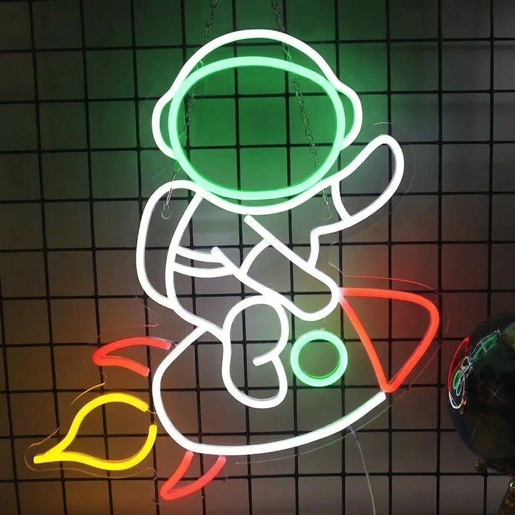 Astronaut Riding Rocket LED Neon Sign Space Wall Decor Light for Kids Room