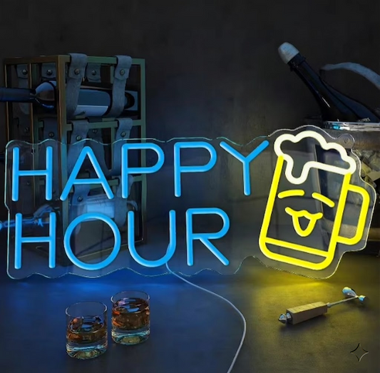 Happy Hour LED Neon Sign with Cartoon Beer Mug Wall Decor for Home Bar Pub Party