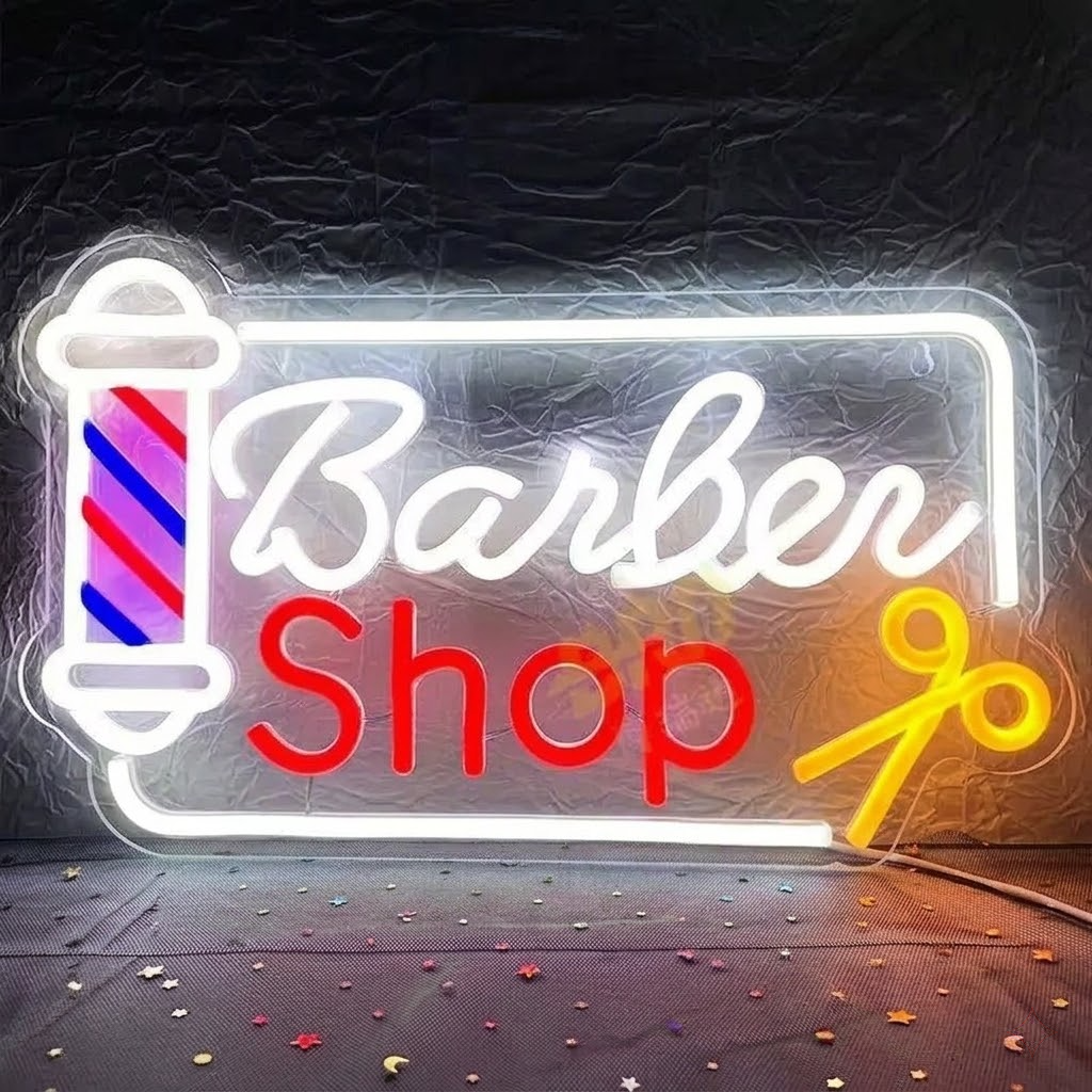 Barber Shop Neon Sign with Pole and Scissors LED Neon Light for Barbershop Decor