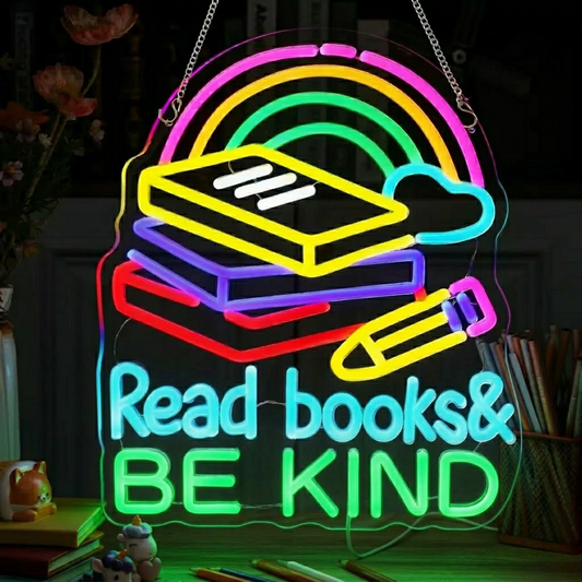 Read Books Be Kind LED Neon Sign Rainbow Book Neon Light for Classroom Library Study Room Wall Decor