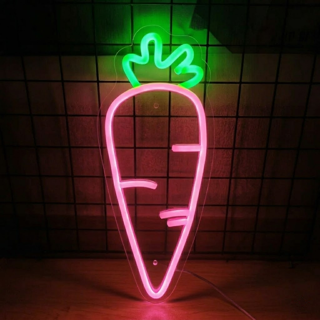 Carrot LED Neon Sign Red Vegetable Neon Light with Green Top for Kitchen Cafe Wall Decor