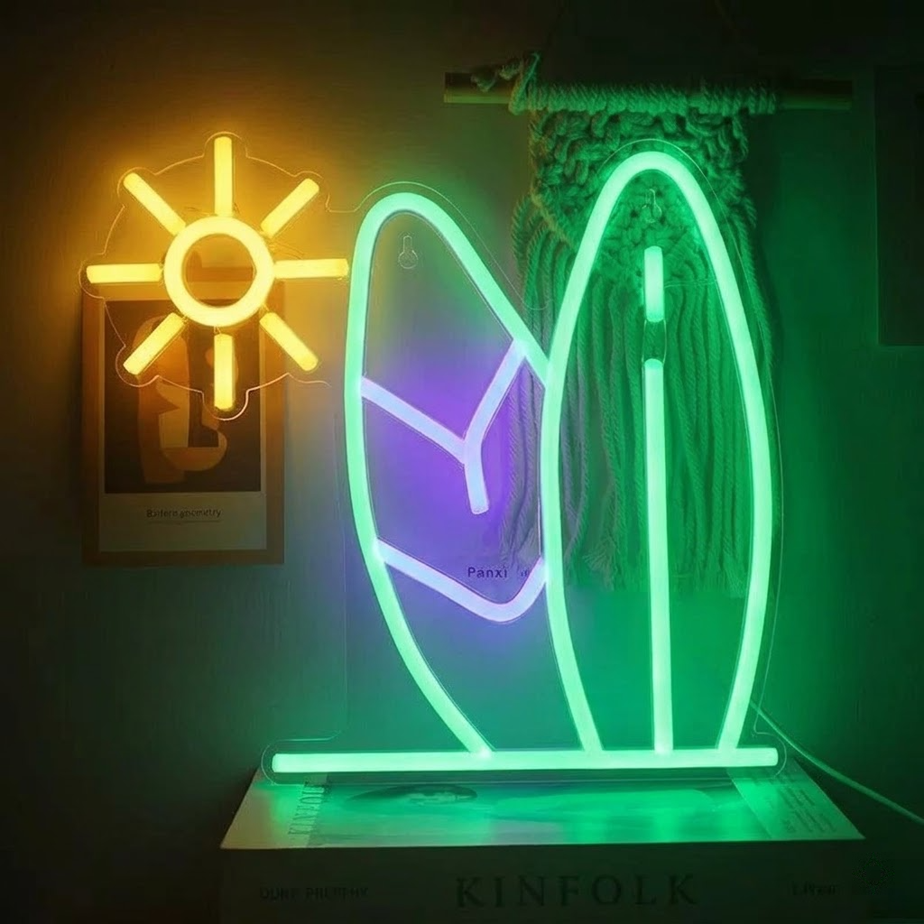 Surfboard LED Neon Sign with Sun Beach Summer Wall Decor Light