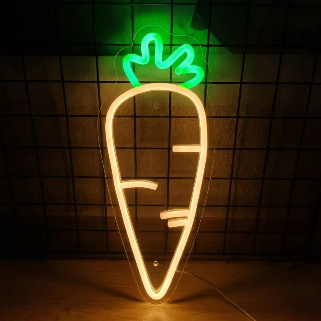 Carrot LED Neon Sign Red Vegetable Neon Light with Green Top for Kitchen Cafe Wall Decor