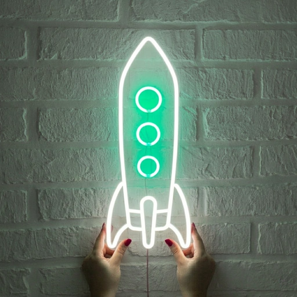 Rocket LED Neon Sign Blue White Space Neon Light for Kids Room Bedroom Gaming Wall Decor