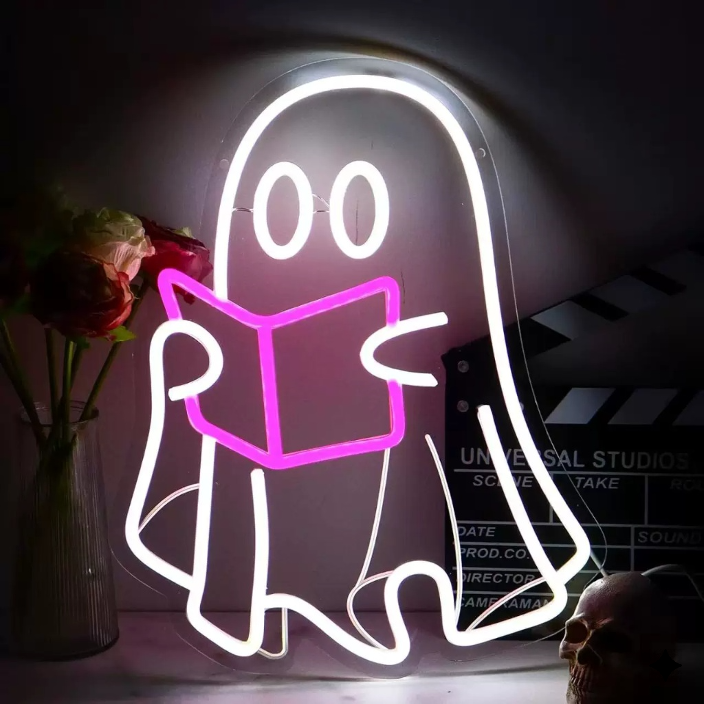 Cute Ghost Reading Book LED Neon Sign Pink Book Neon Light for Bedroom Study Room Halloween Decor