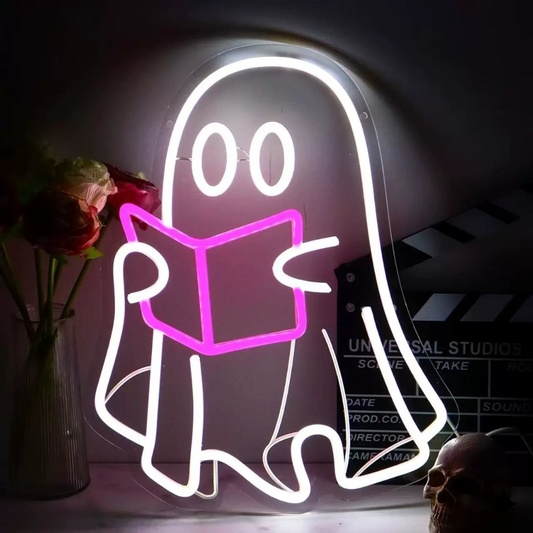 Cute Ghost Reading Book LED Neon Sign Pink Book Neon Light for Bedroom Study Room Halloween Decor