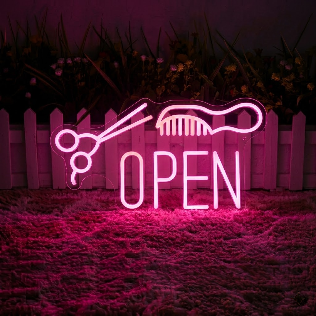 Hair Salon Open Neon Sign with Scissors & Comb LED Light for Shop Window or Wall