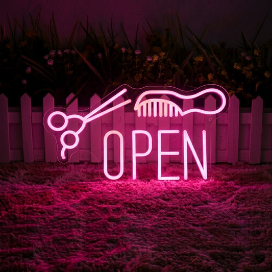 Hair Salon Open Neon Sign with Scissors & Comb LED Light for Shop Window or Wall