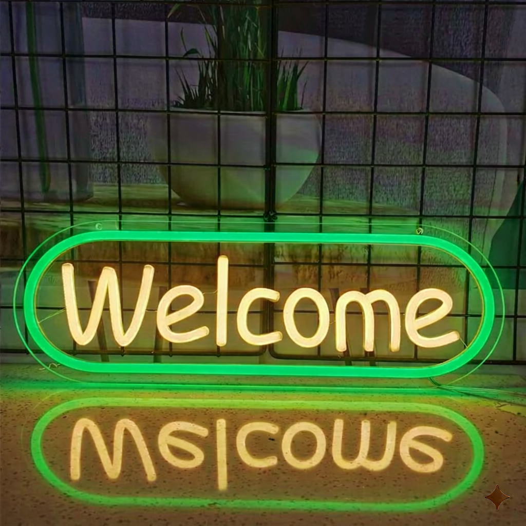 Welcome Neon Sign Red Text Green Frame LED Neon Light for Bar Pub Shop Wall Decor