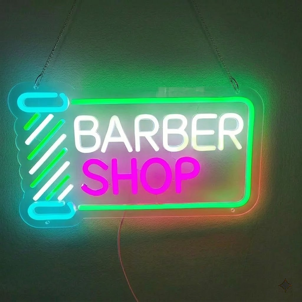Barber Shop Neon Sign with Barber Pole LED Light for Shop Wall or Window