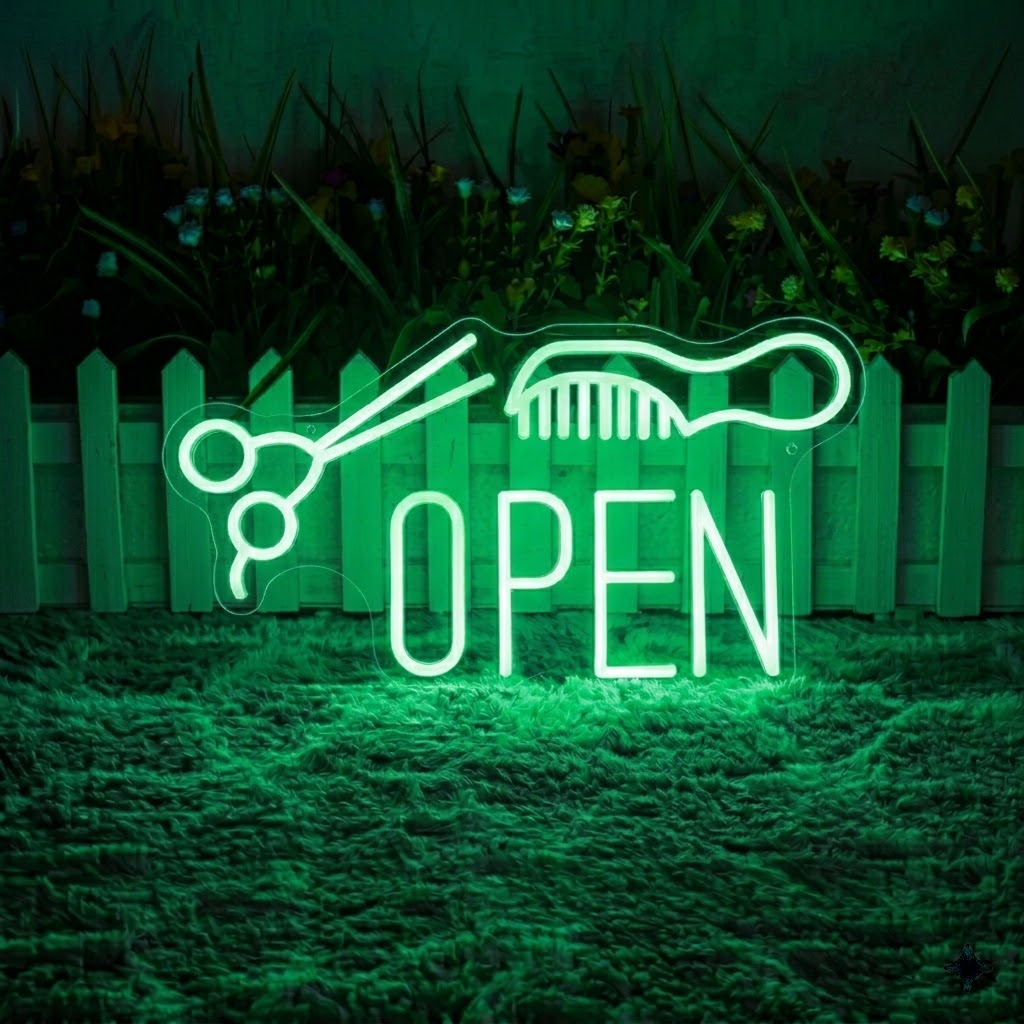 Hair Salon Open Neon Sign with Scissors & Comb LED Light for Shop Window or Wall