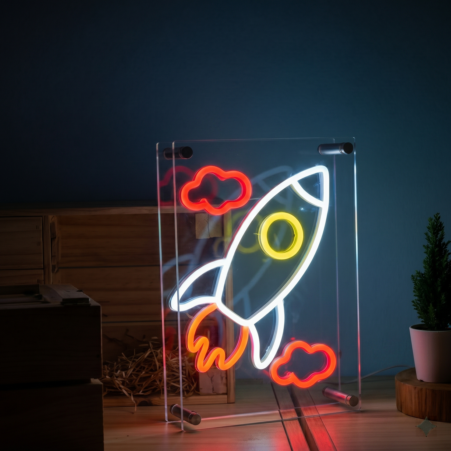 Rocket LED Neon Sign White Blue Space Neon Light Wall Decor for Kids Room Bedroom Game Room